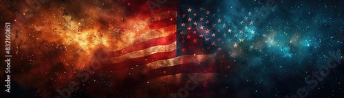 Abstract representation of the American flag with cosmic backgrounds in vibrant red and blue. Perfect for patriotic and space-themed designs. photo
