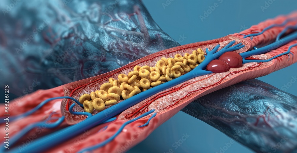 Detailed 3D illustration of a blood vessel with cholesterol plaque ...