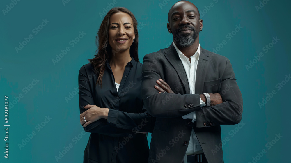 Portrait of happy business couple with arms crossed on blue background Portrait of happy business couple with arms crossed on blue background