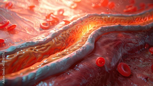 Detailed 3D rendering of a partially blocked artery with cholesterol buildup and red blood cells flowing through the bloodstream. photo