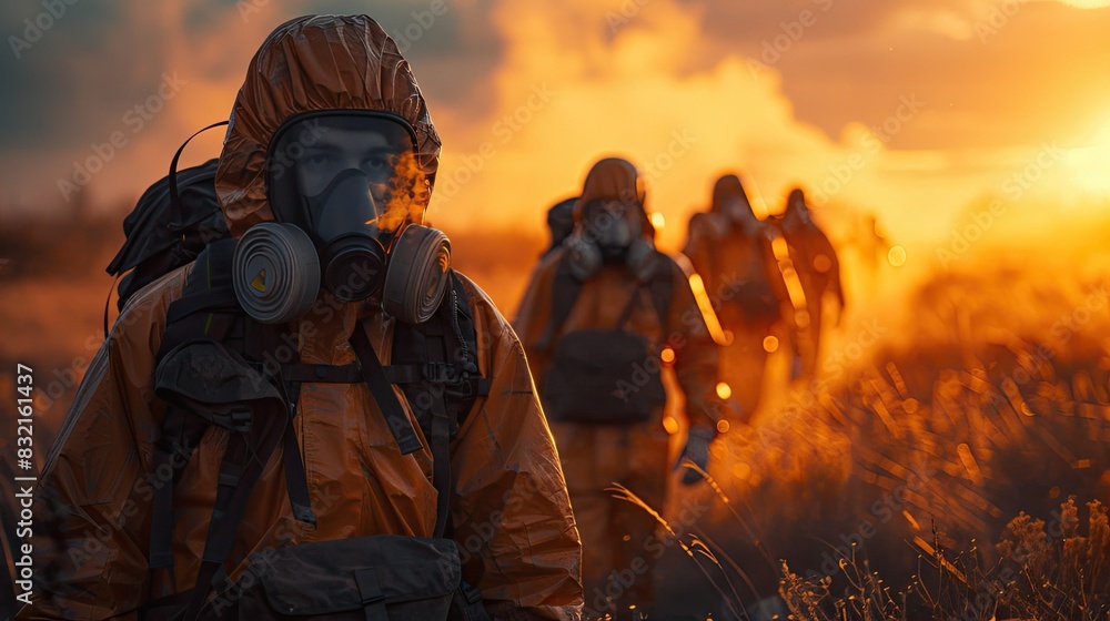 Naklejka premium Group of people in protective suits and gas masks walking in a field at sunset, highlighting safety and environmental themes.