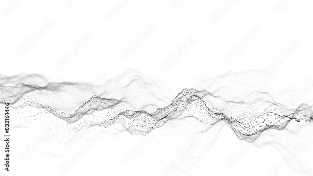 Obraz premium Abstract white wave with moving dots. Flow of particles. Cyber technology illustration. 3d rendering.