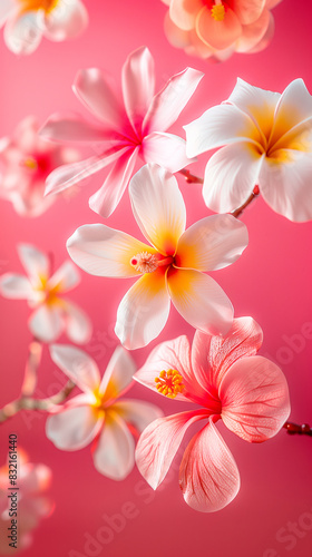 Various exotic flowers with floating petals on a pink background. Featuring plumeria, pink frangipani and hibiscus.