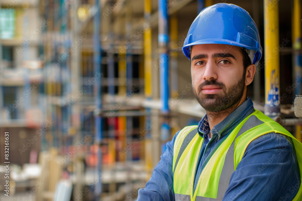 Confident construction site manager wearing safety gear at worksite Confident construction site manager wearing safety gear at worksite