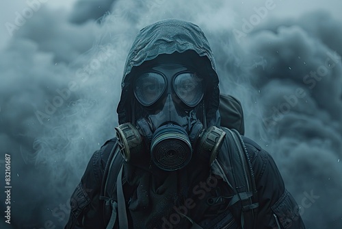 Person in a gas mask and hooded jacket surrounded by thick smoke, symbolizing survival, apocalypse, or industrial environment.