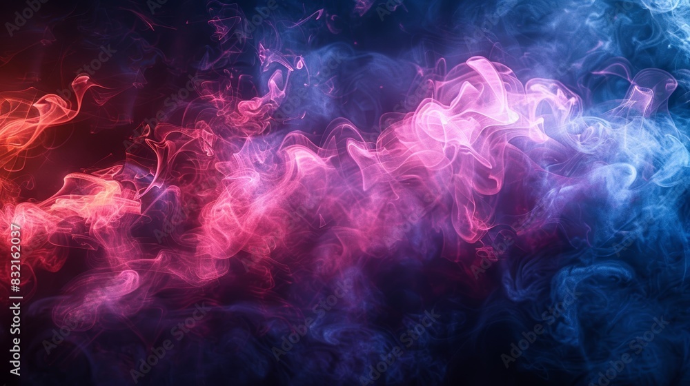Abstract background of colorful smoke in shades of pink, blue and red on a dark background.