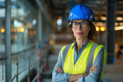 Confident female engineer at construction site wearing hard hat and vest photo