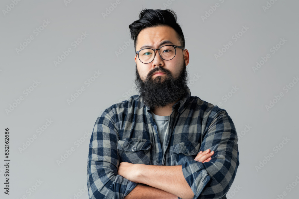 Fototapeta premium Confident young Asian web designer with glasses and a beard