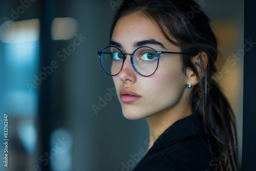Portrait of thoughtful woman with glasses looking over shoulder