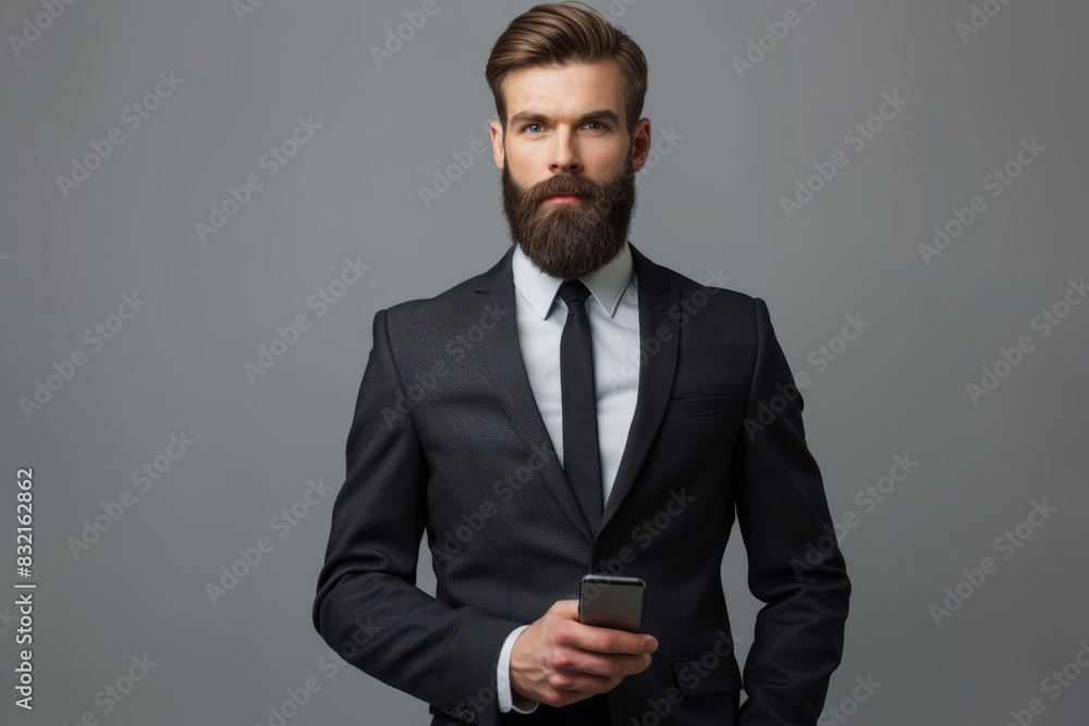 Confident young businessman with beard holding smartphone Confident young businessman with beard holding smartphone