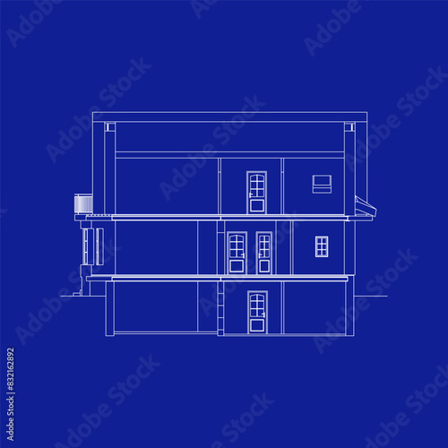Detailed two-storey building. Cross-section town house. Vector blueprint.