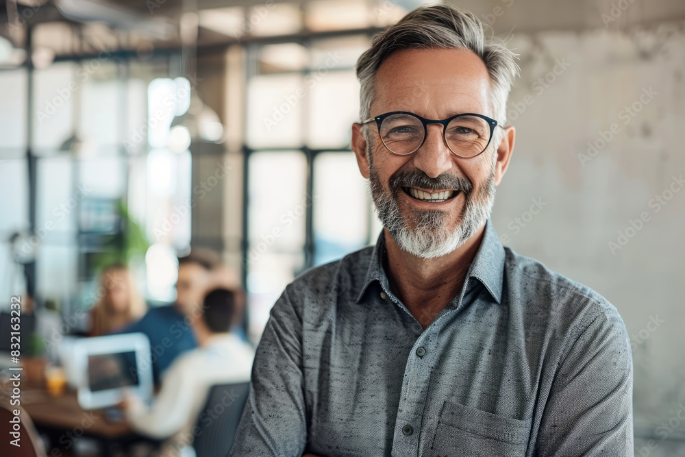 Obraz premium Smiling mature businessman wearing eyeglasses in a modern office