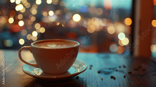Cup of coffee on table indoors space for text. Bokeh e
