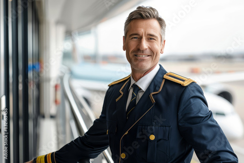 Smiling pilot in uniform standing confidently at the airport photo