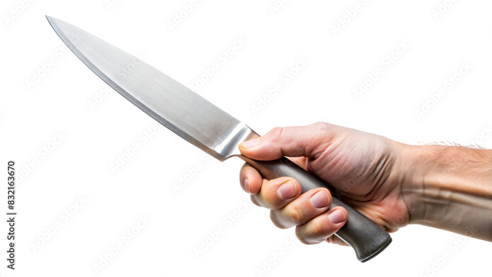 Isolated hand gripping a sharp metal kitchen knife Isolated hand gripping a sharp metal kitchen knife