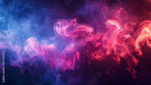 Abstract blue and red smoke swirls against a dark background.