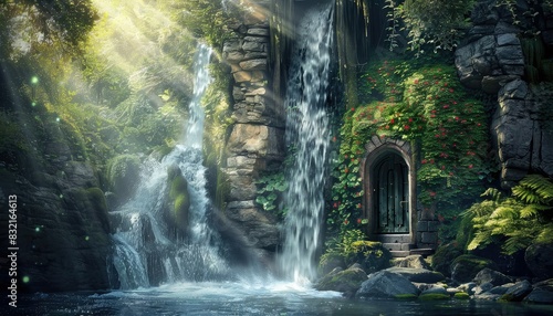 Secret door hidden behind a waterfall leading to a fairy kingdom