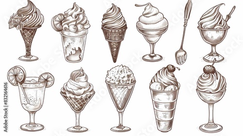 engraving of dessert in the form of ice cream in vintage style, Various types of ice cream isolates on a white background , concept for menu design, restaurant, store