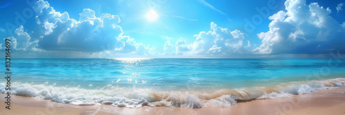 Sunny beach with turquoise water and white sand under a clear blue sky featuring fluffy white clouds and gentle waves creating a tropical paradise