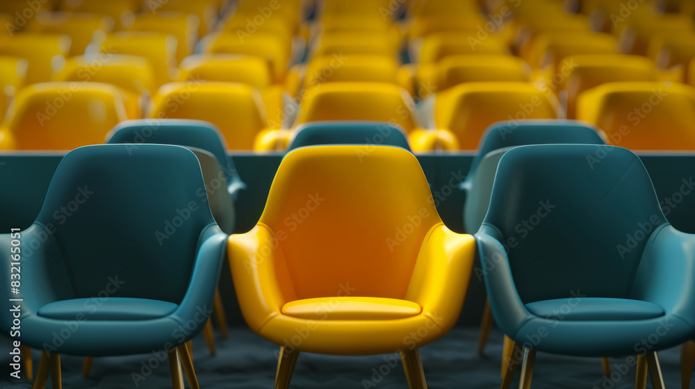 Fototapeta premium Yellow chair standing out among identical blue chairs in a crowd