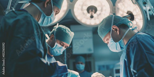 Medical professionals in scrub caps and masks working diligently in an operating room with surgical lighting