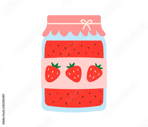 Strawberry jam. Glass jar of preserved berry jam, berry confiture in bottle. Flat Vector illustration isolated on white background