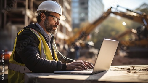 construction worker with laptop photo