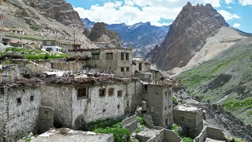 Aerial view of a Zanskar mountain village surrounded by Himalayas photo