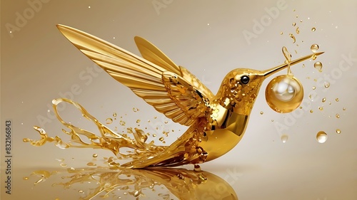 3D rendering of a hummingbird with outstretched wings hovers near several golden flowers.