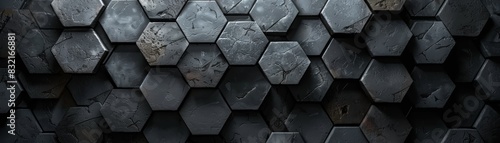 Abstract hexagonal pattern, dark grey, textured background. photo