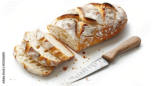 Sliced ​​pieces of white bread on the table and a knife. Photos of food photo