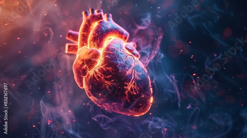 A fiery human heart, glowing with vibrant energy, surrounded by swirling smoke and particles. A powerful and evocative abstract image for health and vitality.