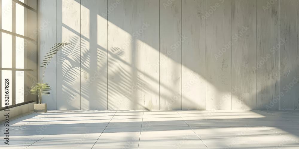 Obraz premium Minimalist interior with sunlight streaming through windows creating long shadows on a wooden floor and white paneled walls emphasizing simplicity and elegance 