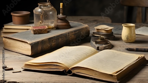Picture an old, weathered book on a table, with its pages yellowed and filled with handwritten notes and illustrations.