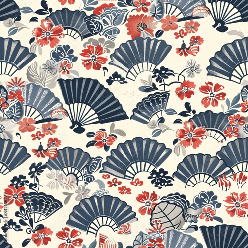 Japanese fan design with intricate details and floral elements in a repeating pattern