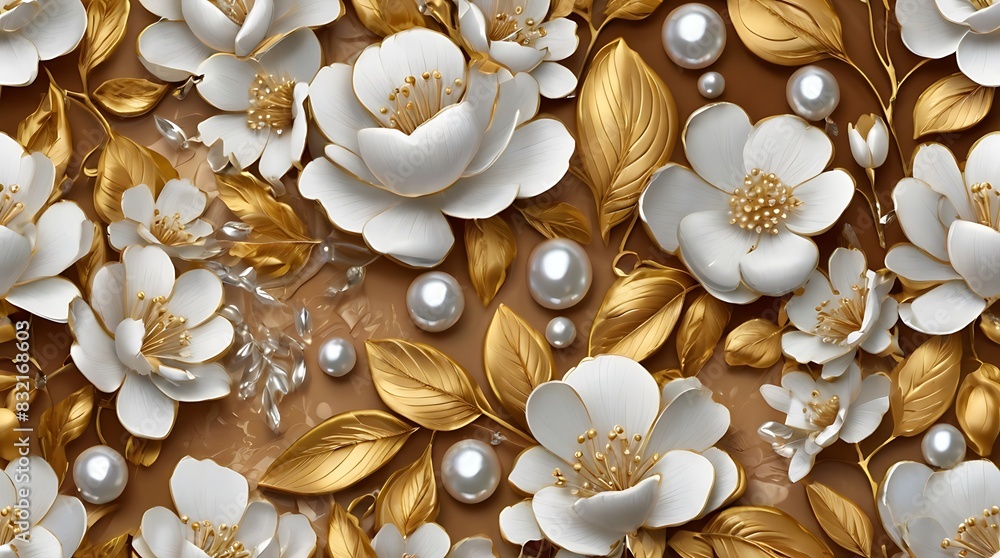 close-up of a white and gold floral pattern. close-up of a white and gold floral pattern.
