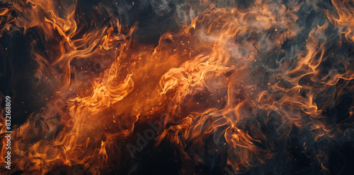 Fire flames on black background, texture or design element for decoration and layout. Fire wallpaper with copy space area. Flat lay. Abstract fire wall background.