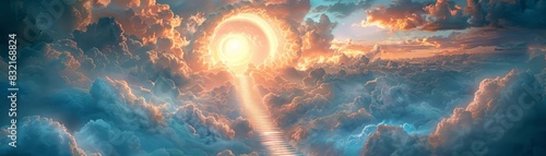 A surreal journey up a staircase enveloped in clouds, leading to a luminous archway against a backdrop of a heavenly realm, symbolizing divine guidance photo