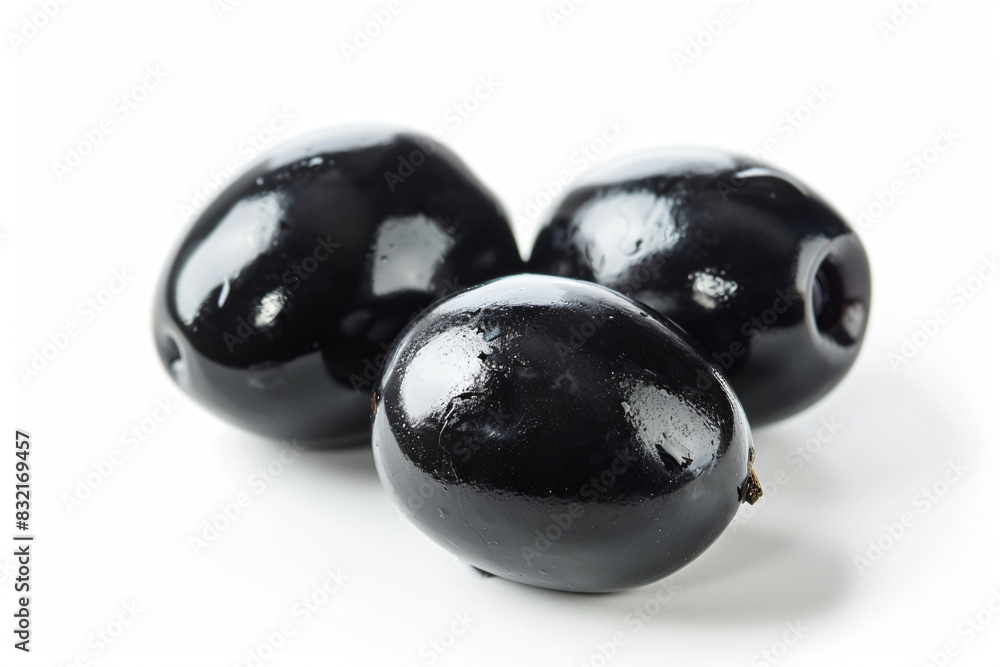 three black olives on a white surface three black olives on a white surface
