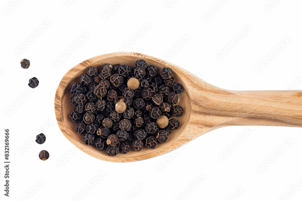 a wooden spoon filled with black pepper seeds a wooden spoon filled with black pepper seeds