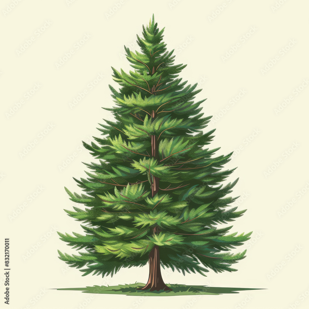 Detailed illustration of a green pine tree with lush foliage, depicted on a light background, showcasing its natural beauty.