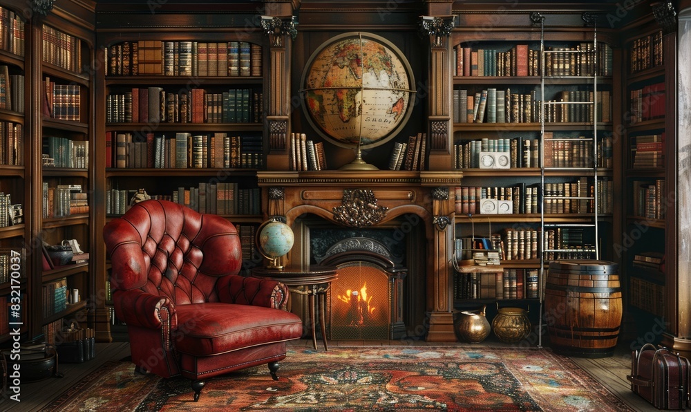 An opulent home library with floor-to-ceiling bookshelves filled with antique books, a large globe, and a plush leather armchair next to a roaring fireplace. The room exudes timeless sophistication. An opulent home library with floor-to-ceiling bookshelves filled with antique books, a large globe, and a plush leather armchair next to a roaring fireplace. The room exudes timeless sophistication.