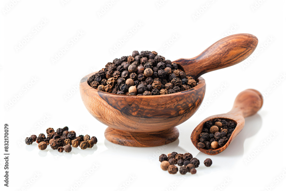 a wooden bowl filled with black pepper next to a wooden spoon a wooden bowl filled with black pepper next to a wooden spoon