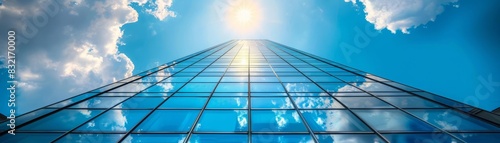 Wallpaper Mural A sleek glass skyscraper mirrors the vivid blue sky and fluffy clouds, epitomizing modern architectural elegance and urban design Torontodigital.ca