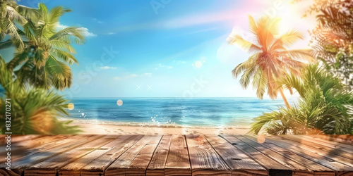 empty wooden floor planks on beach with sand  palm trees decoration  empty old wood table on beach  product display . empty wood table top on beach with palm tree 