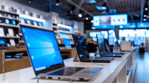 Modern laptop computers displayed in a tech store showroom