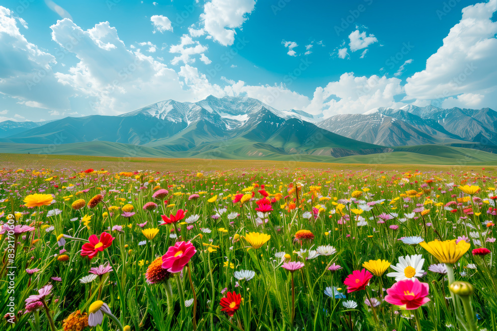 Vibrant wildflowers bloom in a vast meadow with snowcapped mountains in the background under a bright blue sky. Vibrant wildflowers bloom in a vast meadow with snowcapped mountains in the background under a bright blue sky.