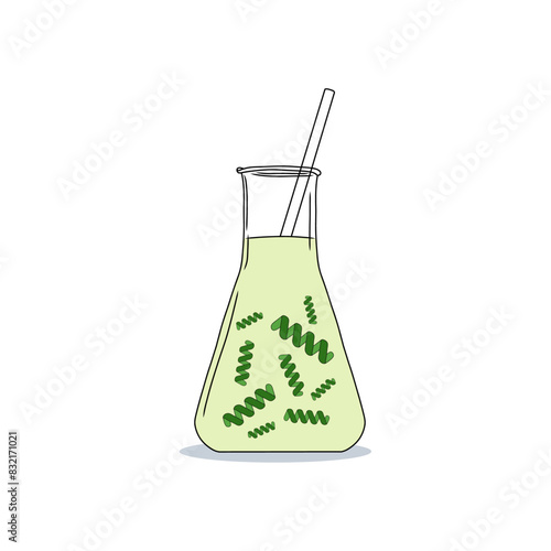 Hand drawn Erlenmeyer flask filled Spirulina algae and transparent liquid on a white background. Cyanobacteria that can be consumed by humans and animals, cultivated worldwide