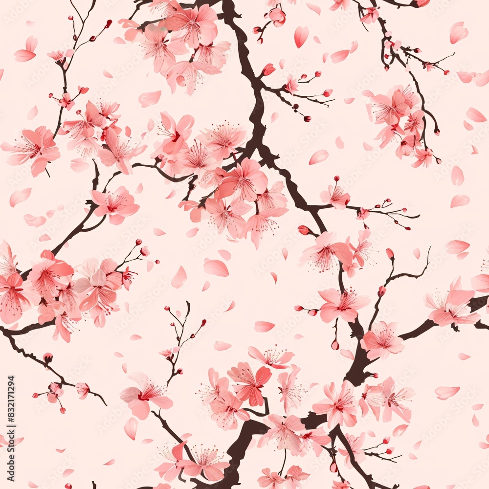 Seamless sakura pattern with branches and falling petals in soft pink hues