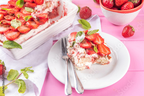 Summer strawberry tiramisu dessert, Berry fruit version of summer tiramisu cake with fresh strawberry, mascarpone and savoyardi